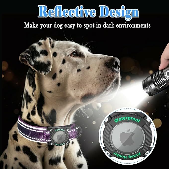 Upgraded AirTag Dog Collar, IP68 Waterproof Dog Collar with Apple Air Tag Holder, Reflective Adjustable Heavy Duty Dog Collars with Soft Padded for Small, Medium and Large Dogs,Purple, S