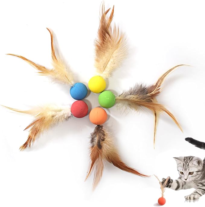 Cat Toy Balls, 5 PCS Colorful Feather Bouncy Balls for Cats No Noise Interactive Kitten Toys Cat Exercise Ball, Safe for Your Kitty (A)