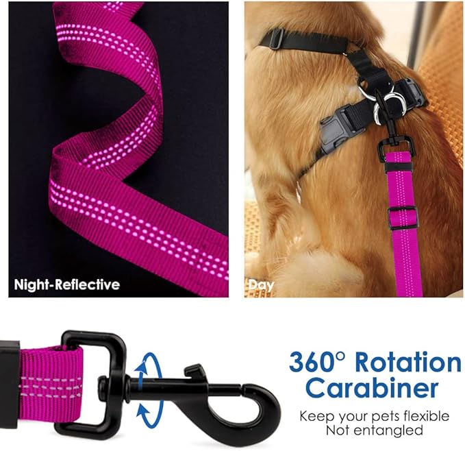SlowTon Dog Seat Belt, Adjustable Dog Safety Belt Leash, 2 in 1 Latch Bar Attachment Dog Car Seatbelt with Elastic Nylon Bungee Buffer, Reflective Nylon Belt Tether (FU)