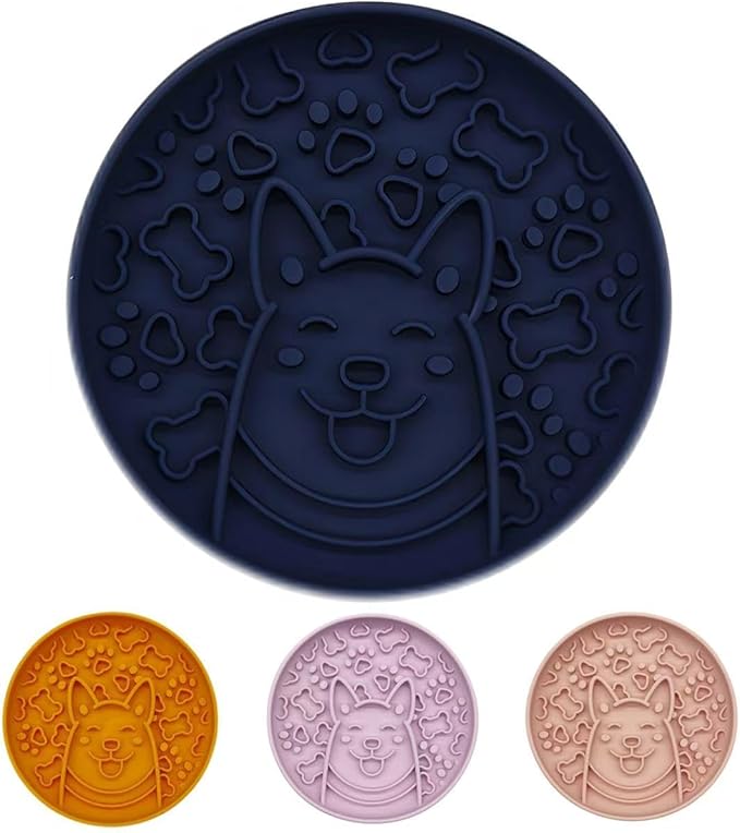 Silicone Dog Slow Feeder Bowl, Non-Slip Suction Cup Design, Puppy Pattern Eating Slowly and Funny,Applicable for All Dogs (Navy Blue)