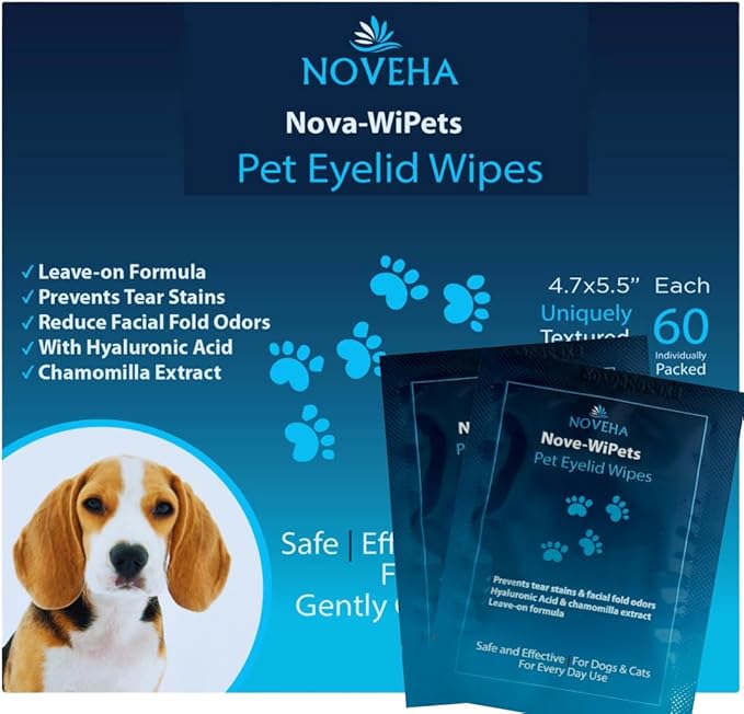 NOVEHA Dog Eye Wipes, Gentle Tear Stain Remover, Eye Hygiene, and Allergy Relief (60 Counts)