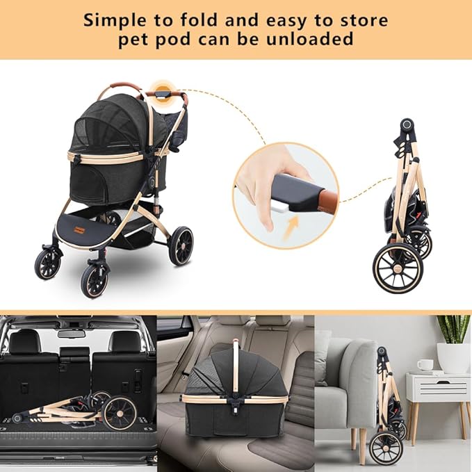 Pettingzoo Dog stroller with 4 Wheels, Folding Cat Stroller for Small/Medium/Large dogs & cats to 60 lbs, pet stroller with removable carrier, Storage Basket,Cup Holder,3 in1 Multifunctiona Detachable