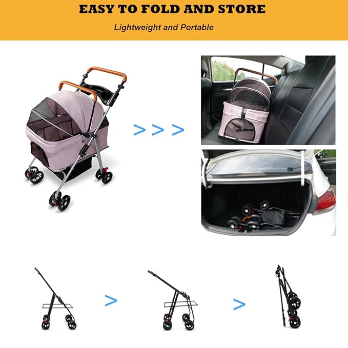 Pet Stroller with Storage Basket and Cup Holder, Folding Dog Jogger, Foldable Cat Stroller, 3 in 1 Puppy Kitten Cart, Pet Jogger for Medium Dog Cat (Pink)
