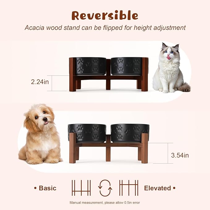 SPUNKYJUNKY Ceramic Elevated Dog Bowl Set with Acacia Wood Stand for Food and Water for Small Medium Sized Dogs (28.74 OZ, Black, Dog Paw Pattern)