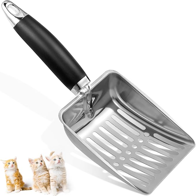 Cat Litter Scoop - Stainless Steel Metal Cat Litter Scoop-Sturdy Mesh Scooper - Mesh Shovel-Easy to Clean - Suitable for Cat Litter Box - Light Black
