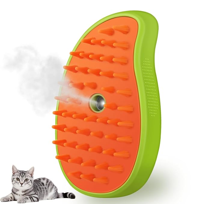 3 in 1 Cat Steamer & Brush - Silicone Massage Grooming Tool, Pet Hair Cleaning Comb for Cats & Dogs (Mango Green)