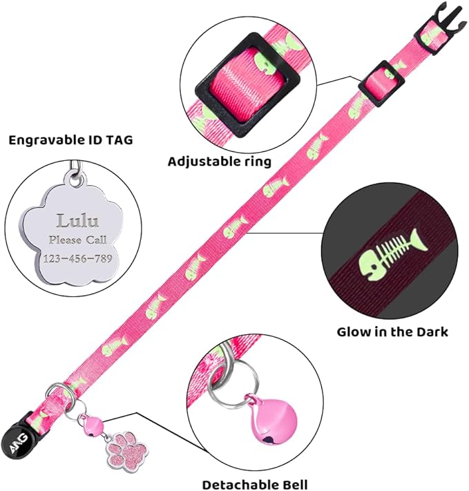 Personalized Breakaway Cat Collars Glow-in-The-Dark with ID Tag, Bell - Safety Quick - Release, Customizable for Female Male Kittens & Cats (Pink)