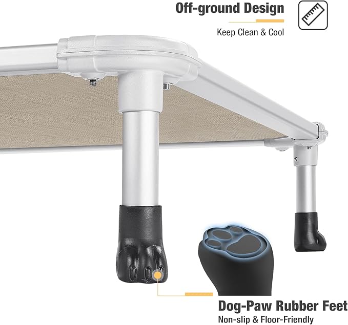 Veehoo Chew Proof Elevated Dog Bed - Cooling Raised Pet Cot - Silver Aluminum Frame and Durable Textilene Mesh Fabric, Unique Designed No-Slip Feet for Indoor or Outdoor Use, Beige Coffee, Medium