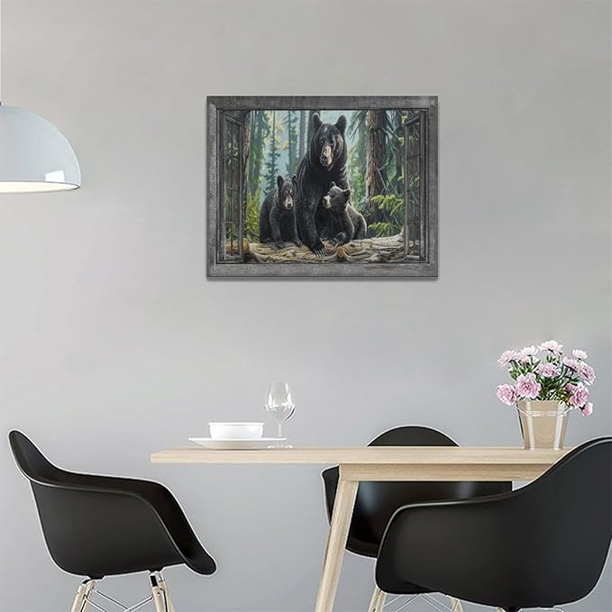 Black Bear Wall Art Forest Window Canvas Cabin Living Room Pictures Prints Animal Wall Decor Painting Artwork for Bedroom Dining Office Home 16"x12"