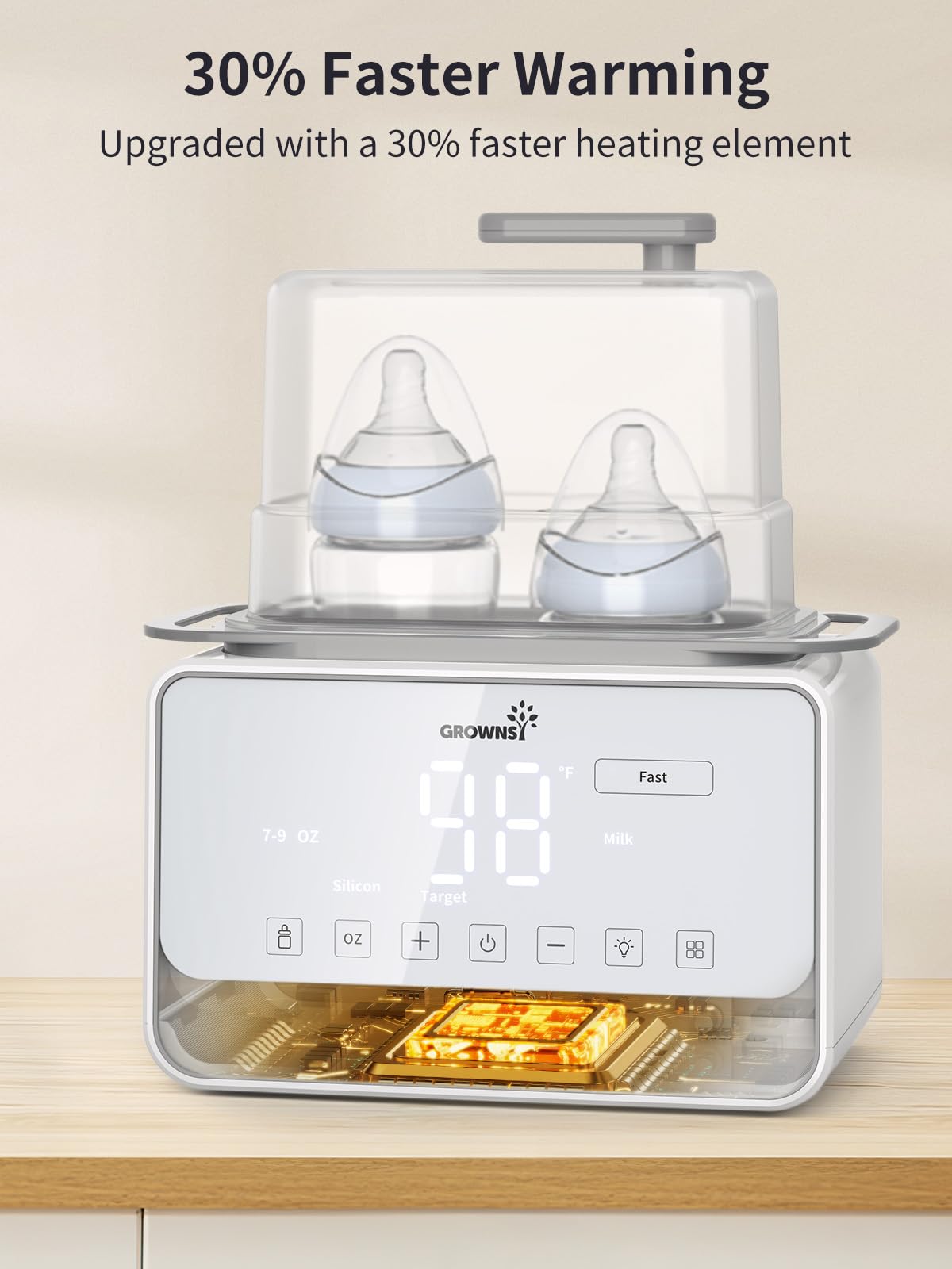 Baby Bottle Warmer, Grownsy 8-in-1 Fast Milk Warmer with Timer Breastmilk or Formula, Fits 2 Bottles, Accurate Temperature Control, with Defrost, Sterili-zing, Keep, Heat Baby Food Jars Function