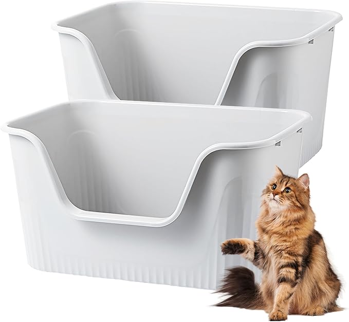 Vealind 2 Extra Large Cat Litter Box with High Sides, XL Litter Boxes for Indoor Big Cats, Grey Big Tall Deep High Wall Litter Box for 2 or Multiple Cats