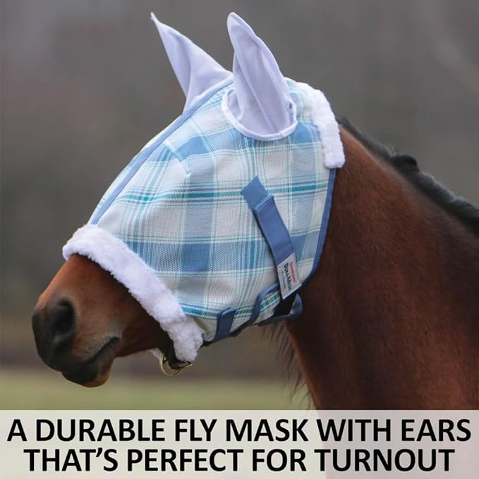 Schneiders Dura-Mesh Plaid Fly Horse Mask with Ears | Ultra-Durable 1000D Mesh | 70% UV Protection | Breathable Open Weave | Color Blue Plaid | Size Cob