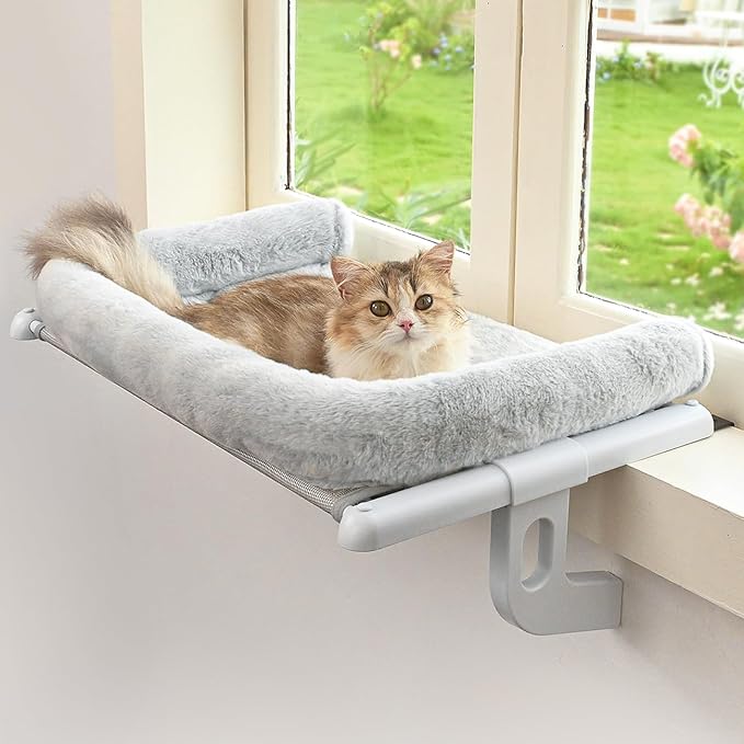 Cat Window Sill Perch with Large Bolster, Easy to Adjust & Assemble Cat Window Seat for Windowsill & Bedside, Pet Hammock Bed for Large Cats and Kittens (Grey, M)