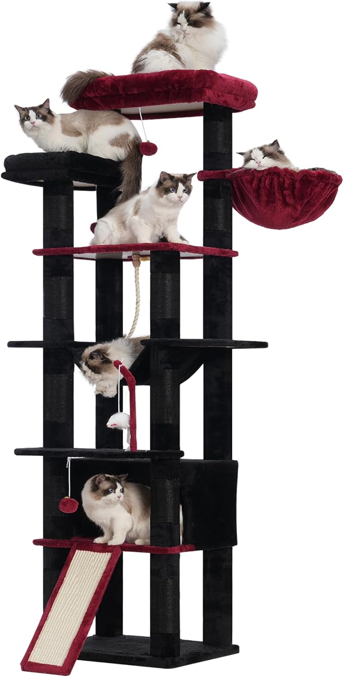 Heybly Tall Cat Tree, 78-inch Multi-Level Cat Tower for Indoor Cats, 2 Widened Plush Perches Cat Condo with Scratching Board and Big Caves, Black and Red HCT033BR