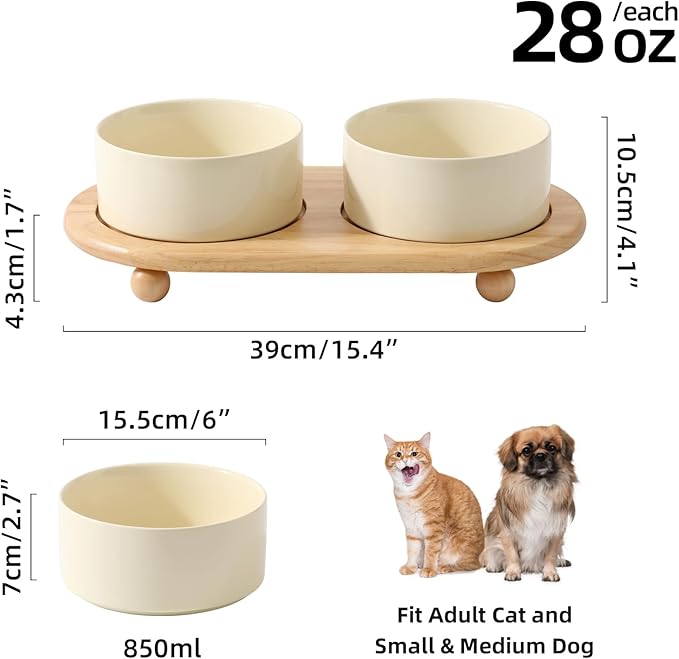 Ceramic Elevated Dog Bowls, Food and Water Bowls for Dogs, Puppy, Raised Dog Dish, Pet Feeder(6inch, 2 x Beige + Stand)