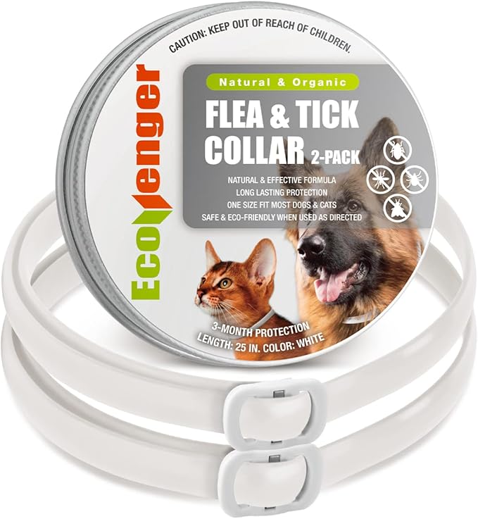 EcoVenger Flea & Tick Collar Repellent 2-Pack White, Fits Both Dogs & Cats, Built-in Pant-Based Formula Strong Repellency Slow Release, Lasting Deterrence and Protection, Pleasant Aroma, Waterproof