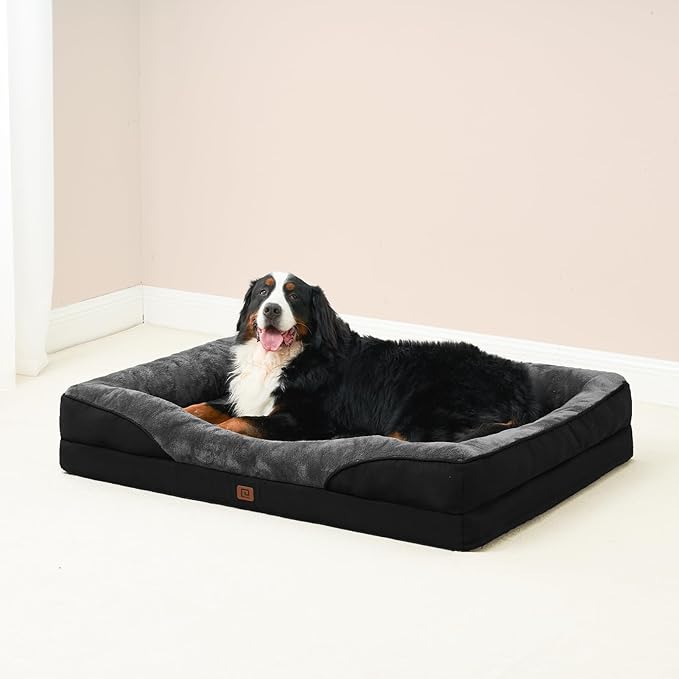 EHEYCIGA Memory Foam Dog Bed for Large Sized, Orthopedic Dog Sofa with Sides and Waterproof Liner, Washable Bolster Pet Bed Couch with Removable Cover, 36x27x7 Inch, Grey/Black