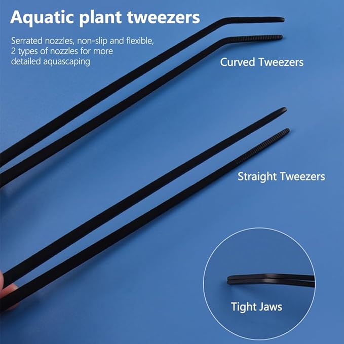 7-in-1 Aquascaping Tools Kit for Aquarium & Terrarium - Stainless Steel Long Tweezers, Curved Scissors, Algae Scraper, Feeding Tongs - Live Plant Trimming & Tank Cleaning Accessories