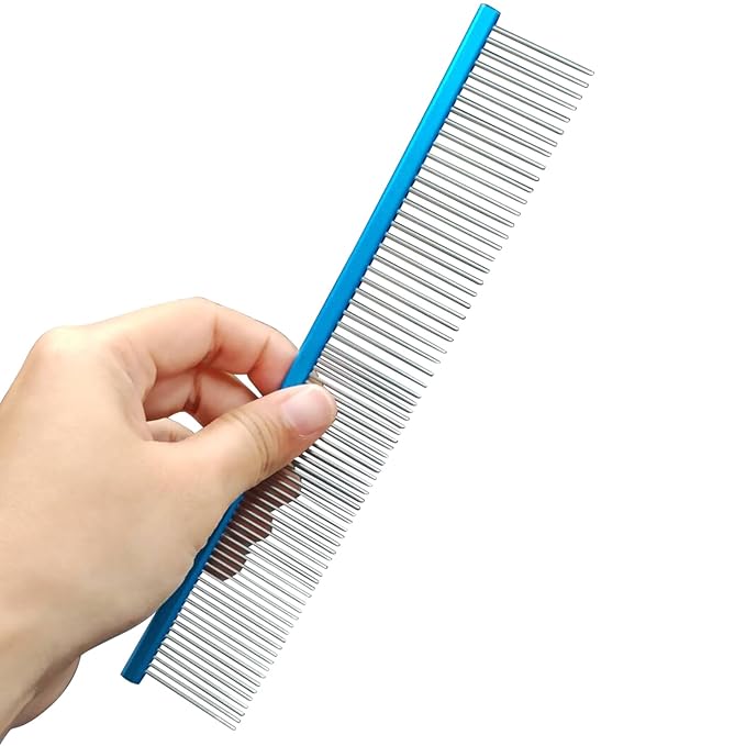 2 Pack Dog Combs with Stainless Steel Teeth Applicable to Cat Dog Comb Removing Tangles Easily Remove Dirt Grooming Anti-Slip Comfort Grip Handle （blue）