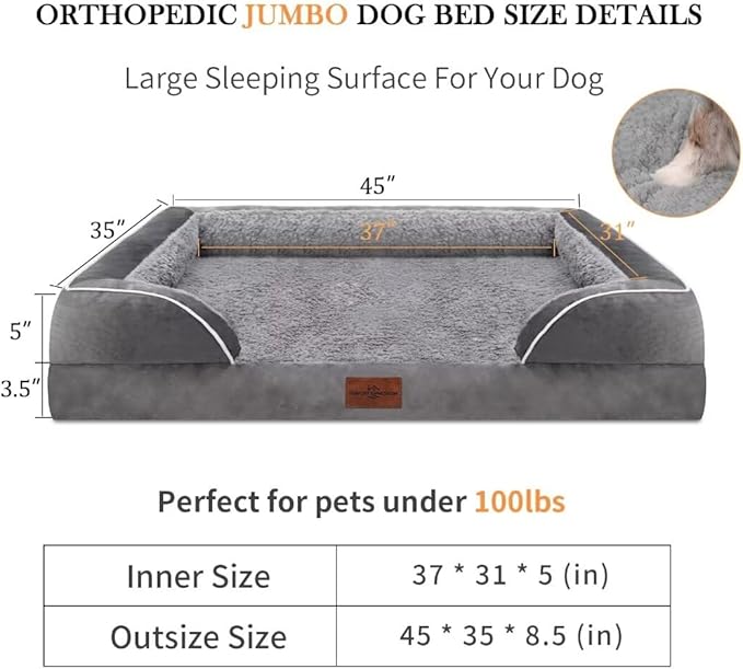 Comfort Expression Memory Foam Dog Beds, Orthopedic Dog Beds for Extra Large Dogs, Waterproof Dogs Beds Jumbo Breed, with Bolster & Removable Cover(Jumbo,Silver Grey)