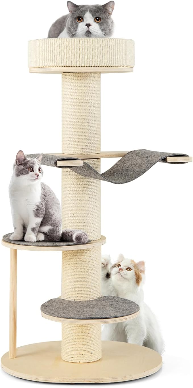 Tangkula Wood Cat Tree, 47 Inch Multi-Layer Cat Tower with 5.7” Thicker Sisal Covered Scratching Posts & Carpet, Padded Top Perch, 2 Jumping Platforms, Hammock, Modern Cat Tree Tower for Indoor Cats
