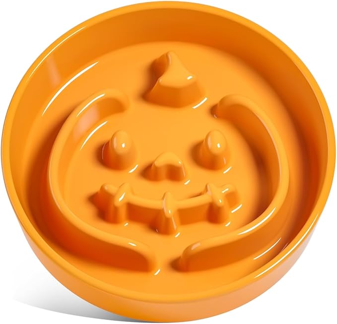 LE TAUCI Ceramic Puzzle Feeder Elevated 3 Cup with Wood Stand for Small Medium Dog & Puppy, Fast Eater Raised Dish Pumpkin Orange