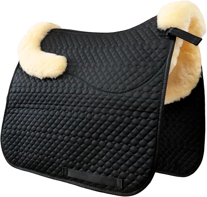 Woolous Dressage Saddle Pad, English Saddle Pad with Sheepskin Trim, Lambskin Wool Fleece Lining, Square Saddle Pad for Equestrian Riding, Comfortable & Shock Absorbing
