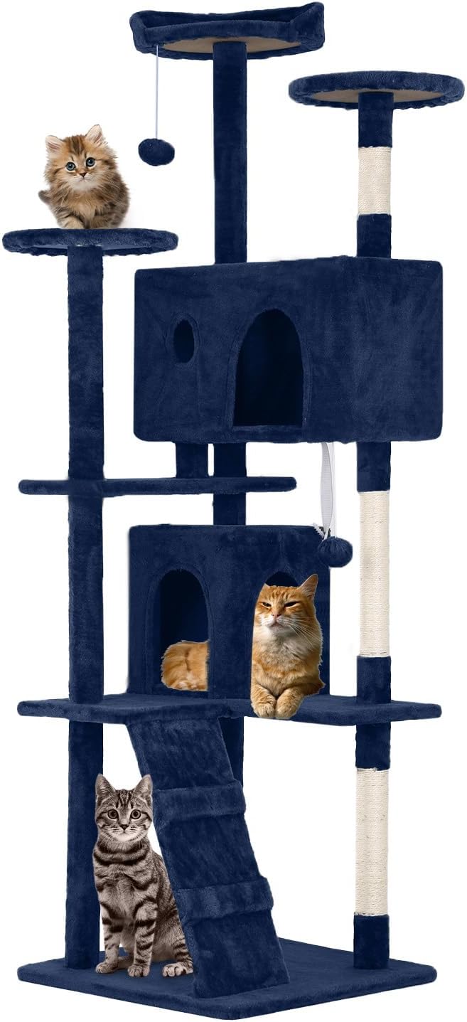 FDW Cat Tree 70in Cat Tower Multi-Level Durable Cat Scratching Post & Cozy Fun Cat Jumping Platform Space Saving Cat Condo Pet Play House for Indoor Cats,Navy Blue