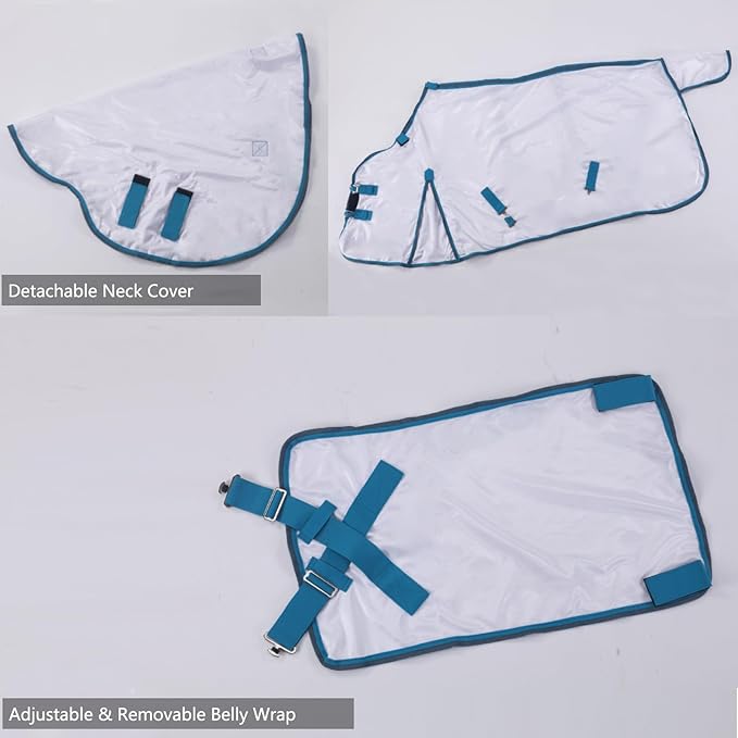 Horse Fly Sheet with Detachable Neck Cover & Belly Wrap, Adjustable Fly Sheet for Horses, Ventilated Airflow Mesh Equine Cooling Summer Flysheet White 78