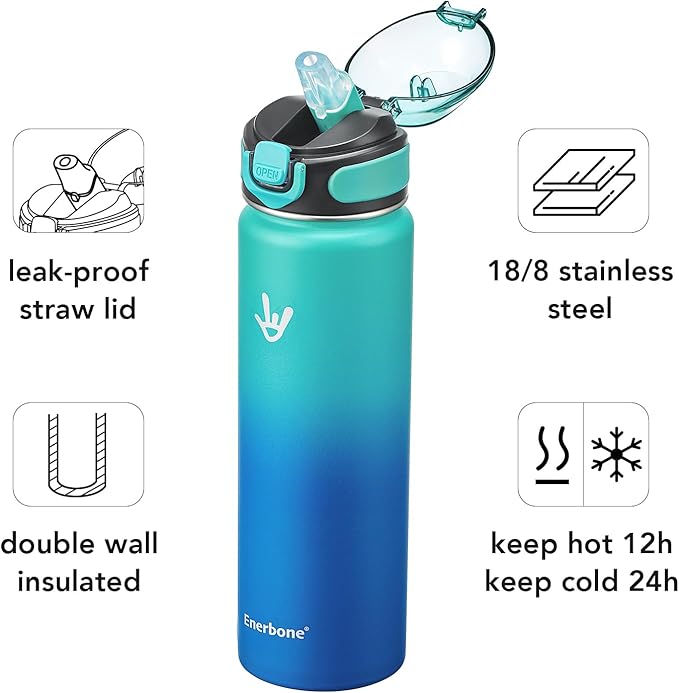 Enerbone 24 oz Insulated Water Bottle, Stainless Steel Bottle with Carrying Strap, Double-Wall Vacuum Insulation Design, Leakproof Sports Bottle with Straw, Keep Drinks Cold or Hot for Hours