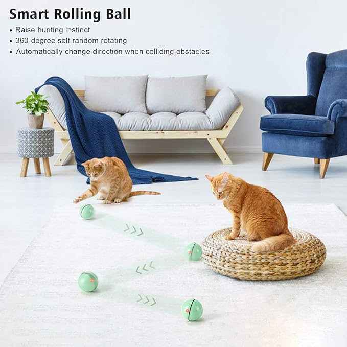 WWVVPET Interactive Cat Toy With LED Light, 360 Degree Self Auto Rotating Smart Ball, USB Rechargeable Spinning Toy, Stimulate Hunting Instinct for Kittens, Funny Chaser Roller Pet Toy