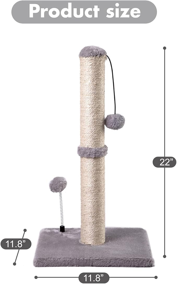 MECOOL Cat Scratching Post Premium Basics Kitten Scratcher Sisal Scratch Posts with Hanging Ball 22" for Kittens or Smaller Cats (22 inches for Kitten, Gray)