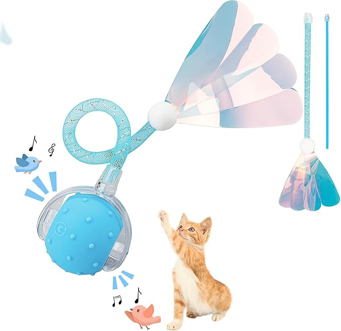Interactive Cat Toys Ball for Indoor Cats, Automatic Agile Rolling Cat Ball with Elastic Mesh Tail, Bird Chirping & Motion Activated, 2 Tail Accessories, Kitten Toy for Bored (Blue)