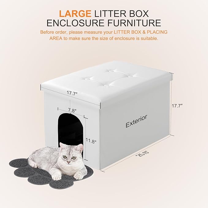 MEEXPAWS Cat Litter Box Enclosure Furniture Hidden, Cat Washroom Bench Storage Cabinet |Large 25.6'' x 17.7'' x 17.7''| Dog Proof | Waterproof Inside/Easy Clean | Easy Assembly | Odor Control(White)