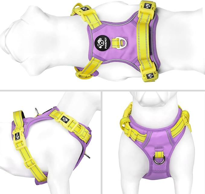 PHOEPET No Pull Dog Harness, Unique Colors Reflective Adjustable Dog Vest, with Soft Training Handle Metal Clips for Small Medium Large Dogs (Baby Purple Base & Yellow Straps,L)