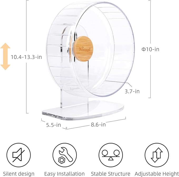 Niteangel Super-Silent Hamster Exercise Wheels - Quiet Spinner Hamster Running Wheels with Adjustable Stand for Hamsters Gerbils Mice Or Other Small Animals (M, Transparent)