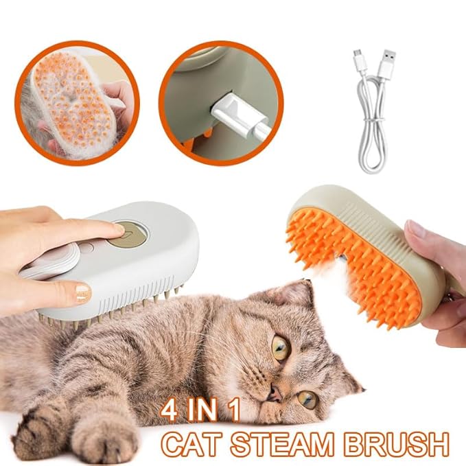 Cat Steam Brush for Shedding, 4 in 1 Rechargeable Pet Steam Brush for Dogs and Cats, Anti-Static, Massage, Cleaning, Shedding & Combing All In One! (Khaki)