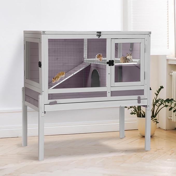 Guinea Pig Cage Indoor with Wheels Rabbit Hutch with Removable Proof Tray and Cool Zinc Plate Chew-Resistant Metal Frame Hamster Cage with Elevated Legs 36.6" L（Grey）
