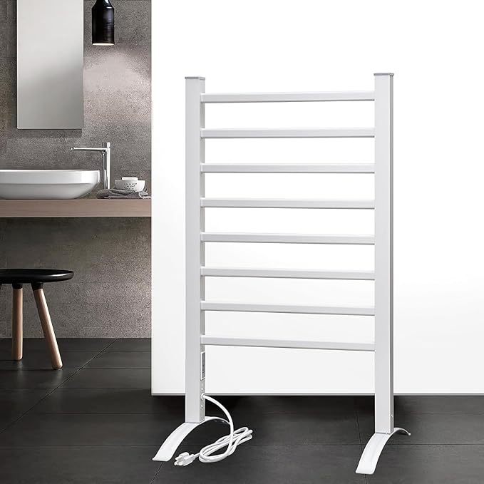 KEG Towel Warmer 8 Bars for Bathroom Freestanding or Wall Mounted Bath Towel Heater Plug-in with Built-in Timer Silver