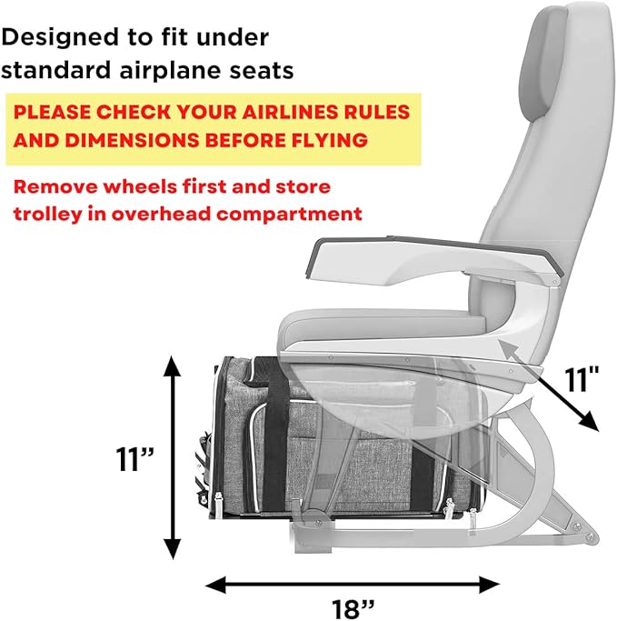 Airline Approved Expandable Premium Pet Carrier on Wheels- Two Sided Expandable Rolling Carrier- Designed for Dogs & Cats- Extra Spacious Soft Lined Carrier! (Grey)