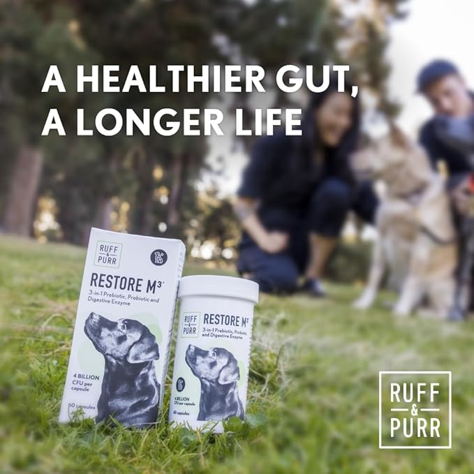Ruff & Purr Probiotics for Dogs – 3-in-1 Probiotics, Prebiotics and Digestive Enzymes for Gut Health, Immune Support, Healthy Skin and Coat – Clinically Studied DE111 & PreforPro