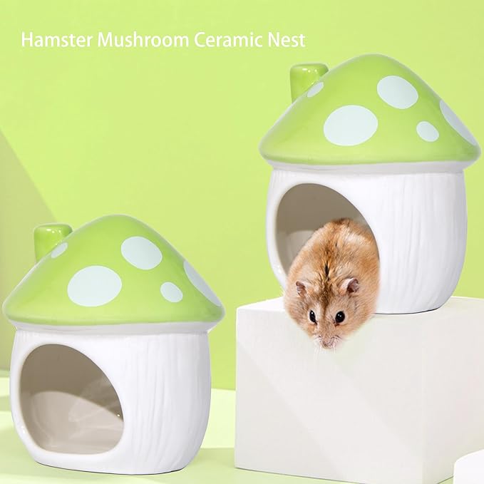 Ceramic Mushroom Hamster Hideout - Hamster Habitat for Hamsters Chinchillas Hedgehogs and Gerbils Mouse Small Pet Guinea Pigs House Hamster Bed (Green)