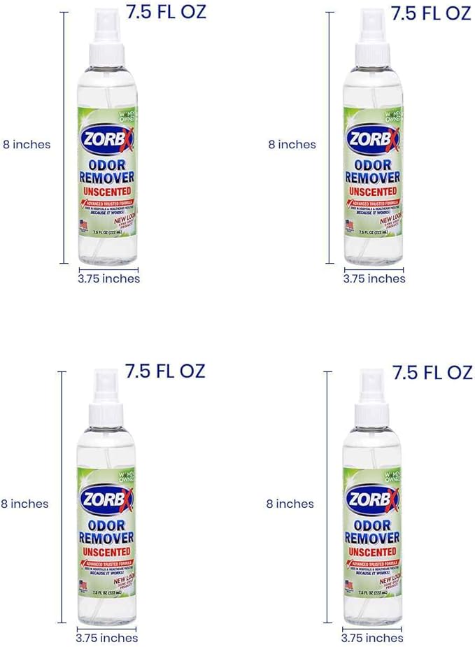 ZORBX Unscented Odor Eliminator for Strong Odor 7.5 Fl Oz, Pack of 4 - Used in Hospitals & Healthcare Facilities - Advanced Formula, Fast-Acting Odor Remover Spray for Dog, Cat, House & Carpet