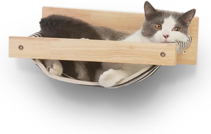 FUKUMARU Hammock Wall Mounted Cat Beds and Perches, Wooden Kitten Walls Furniture, Stable Cats Shelves for Sleeping, Playing, Climbing, and Lounging, Black Stripe
