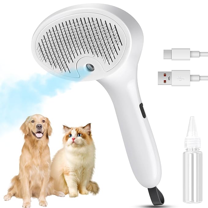 3 in 1 Cat Steam Brush for Cats & Dogs, Pet Spray Hair Removal Comb for Shedding & Grooming, Rechargeable Water Brush for Long & Short Haired Pets with Release Button(White)