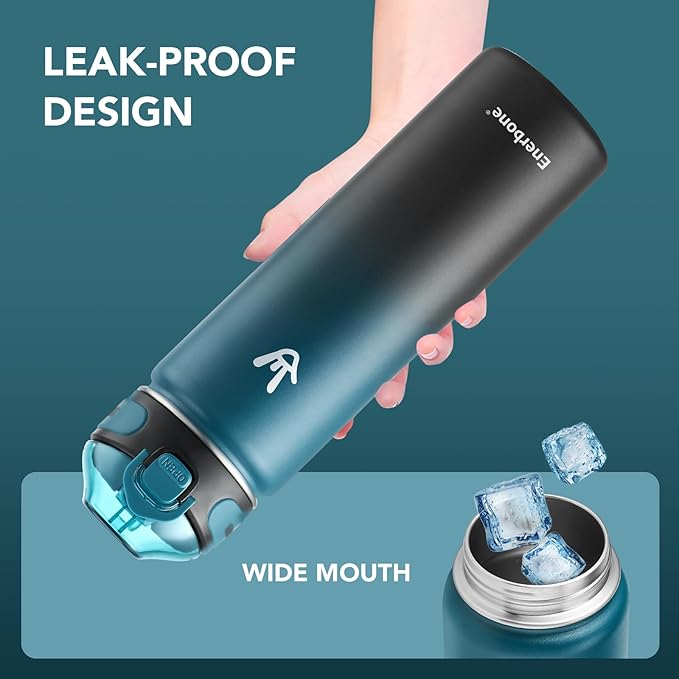 Enerbone 24 oz Insulated Water Bottle, Stainless Steel Bottle with Carrying Strap, Double-Wall Vacuum Insulation Design, Leakproof Sports Bottle with Straw, Keep Drinks Cold or Hot for Hours