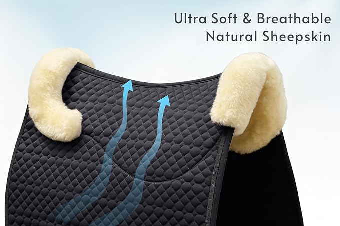 Woolous Dressage Saddle Pad, English Saddle Pad with Sheepskin Trim, Lambskin Wool Fleece Lining, Square Saddle Pad for Equestrian Riding, Comfortable & Shock Absorbing