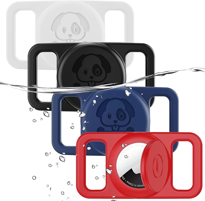 4 Pack Waterproof AirTag Dog Collar Holder Compatible with Apple AirTag, Silicone Hidden Loop Holder for Airtag Tracker, Anti-Lost Dog Collar Air Tag Accessories(Black,White,Red,Blue)