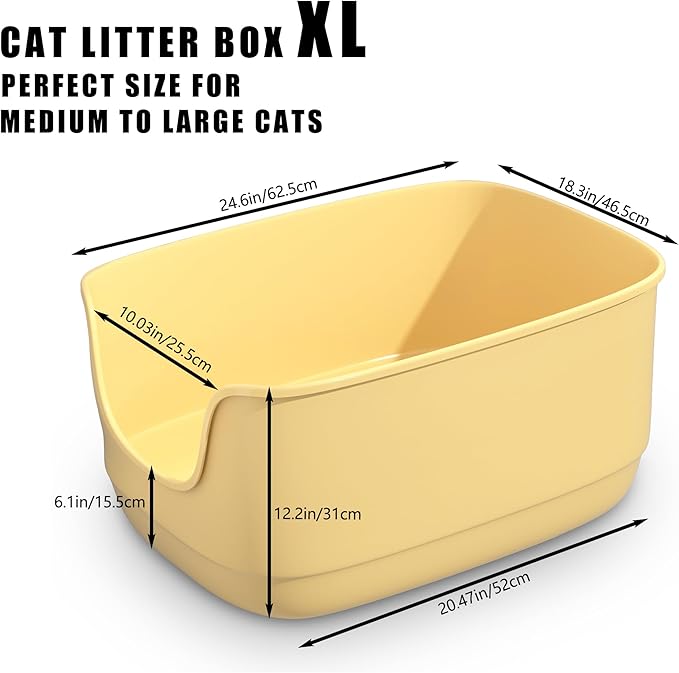 Gefryco Large Cat Litter Box with High Sided 24.6"x18.3"x12.2" - Jumbo Extra Large Open Anti - Splashing High Wall for Multiple Cats (Yellow)