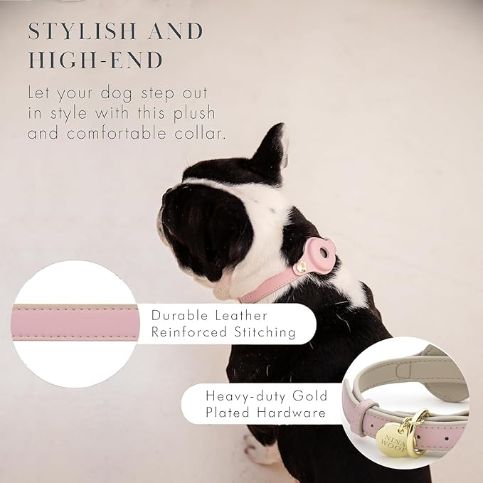 Cupertino Dog Collars, Harnesses & Leashes Made from Vegan Leather with Dog Tracker Device Holder Adjustable Dog Collar (Medium, Pink)